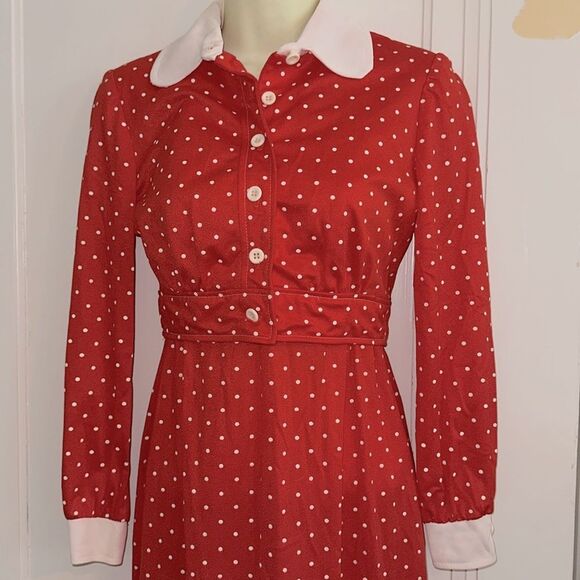 Vtg 70s Kelly Arden Red Polka Dot Polyester Halter Maxi Dress/Matching Jacket - Picture 3 of 11
